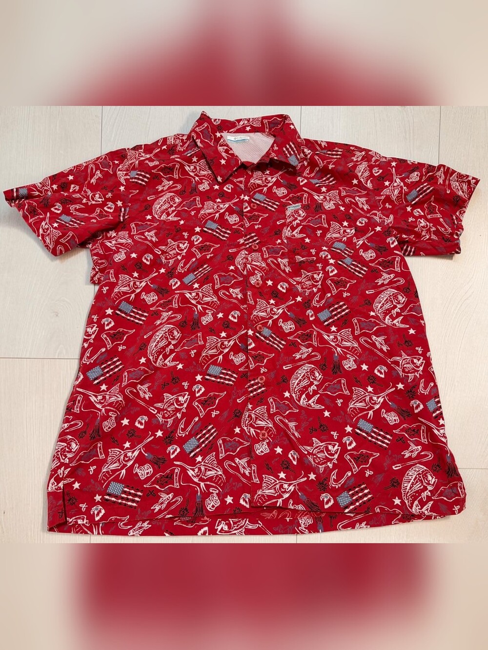 Columbia PFG Bahama Shirt Men's Large Red Patriotic Fishing Button Up Fish USA - Picture 1 of 5